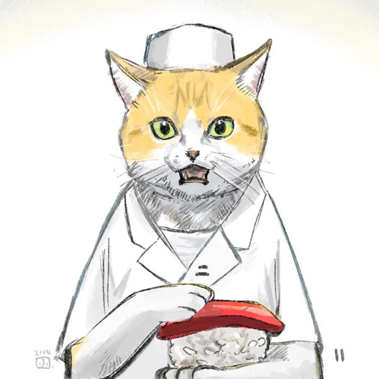 一直对什么一边反应一边握着寿司的猫的店主