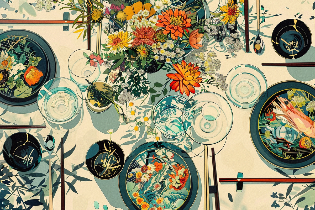 五颜六色的鲜花和餐具
