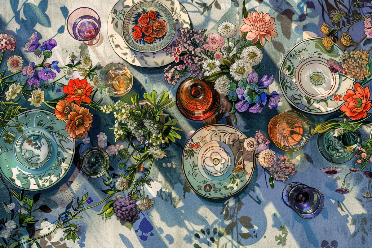 五颜六色的鲜花和餐具