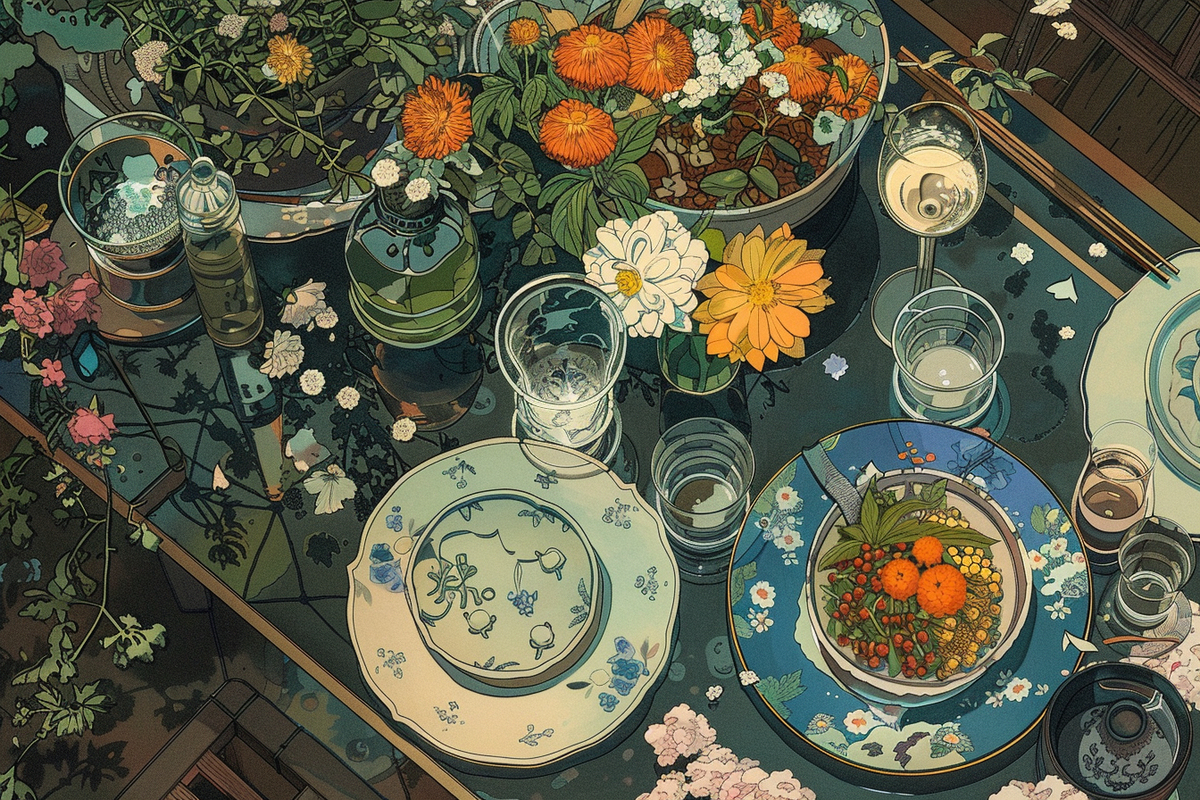 五颜六色的鲜花和餐具