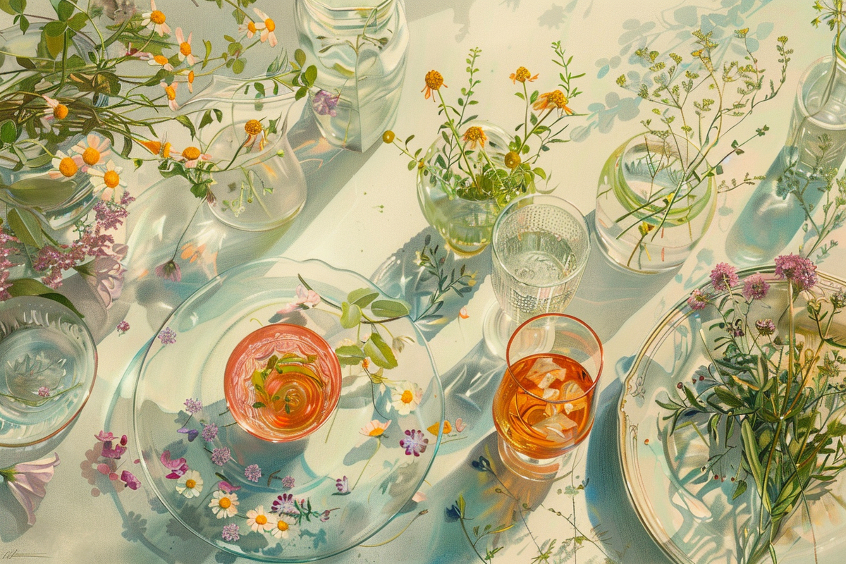 五颜六色的鲜花和餐具