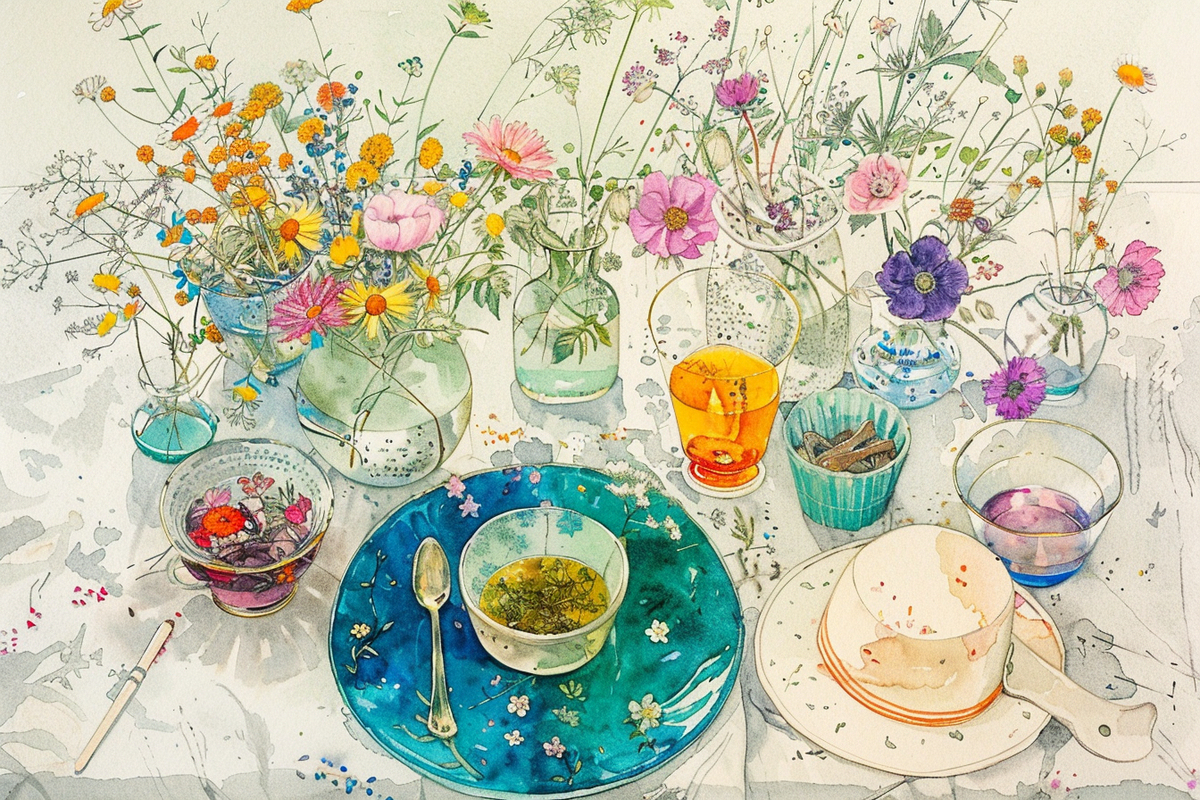 五颜六色的鲜花和餐具