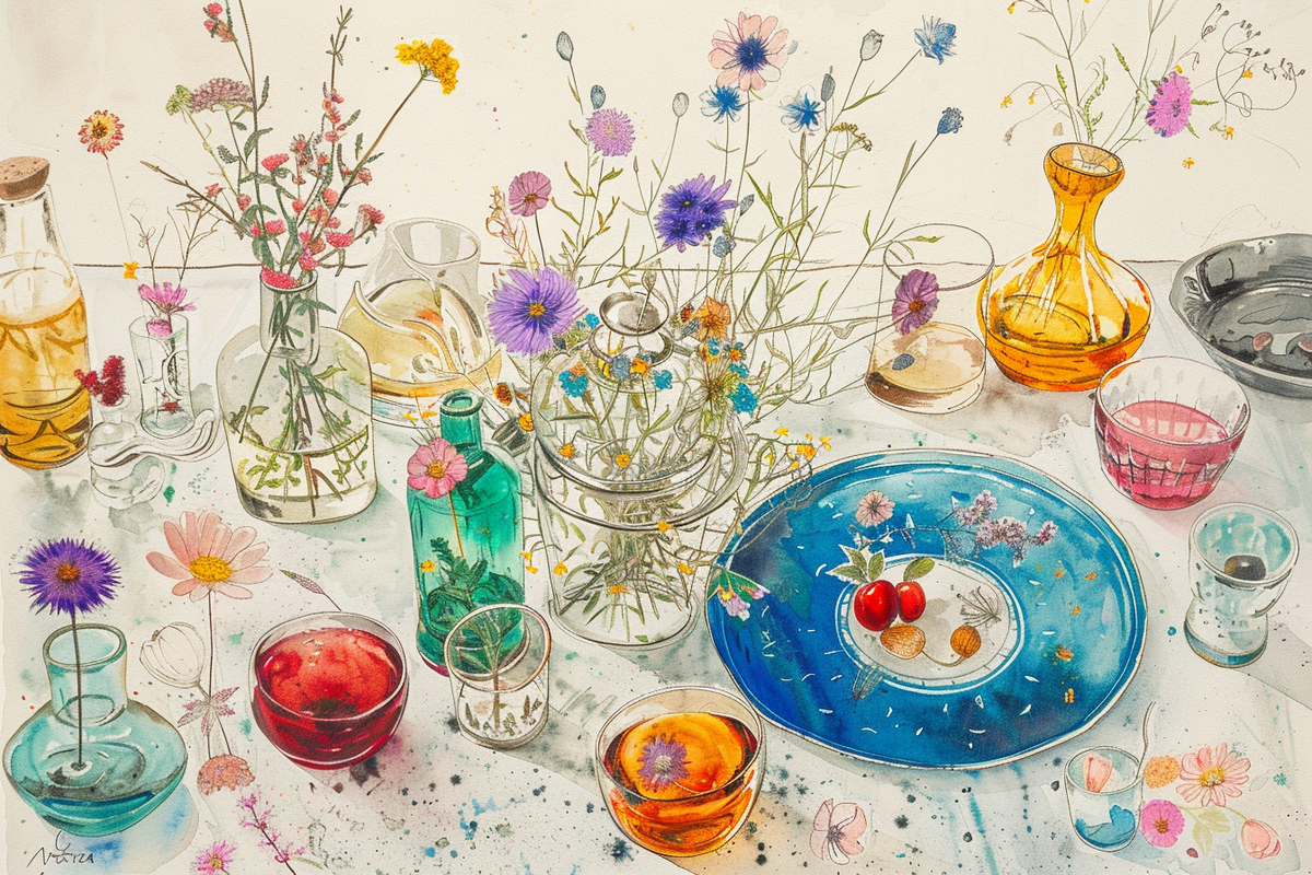 五颜六色的鲜花和餐具
