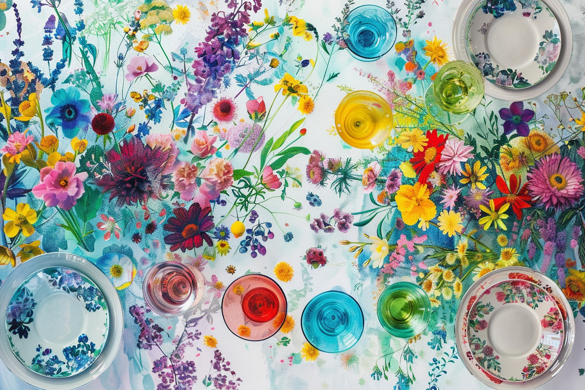 五颜六色的鲜花和餐具