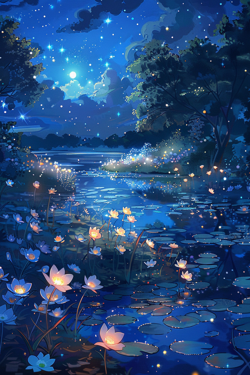 在夜晚的湖中闪耀的花_midjourney_风景 - 插画世界(pixiv)