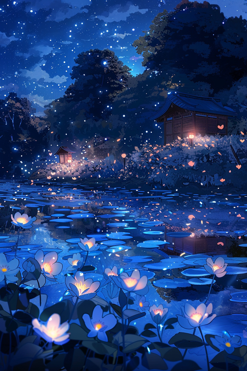 在夜晚的湖中闪耀的花_midjourney_风景 - 插画世界(pixiv)