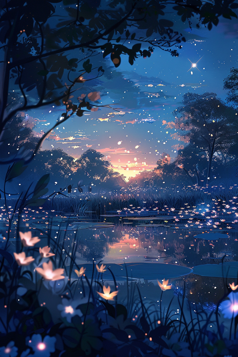 在夜晚的湖中闪耀的花