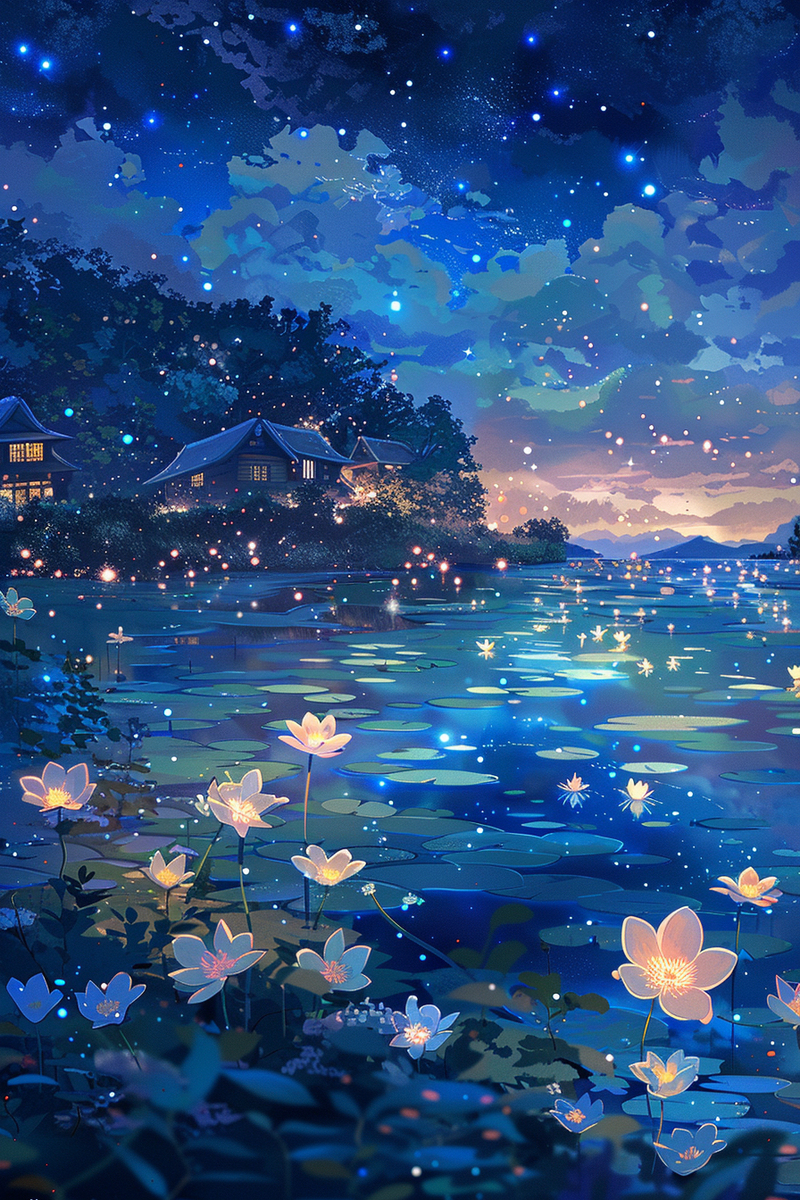 在夜晚的湖中闪耀的花_midjourney_风景 - 插画世界(pixiv)