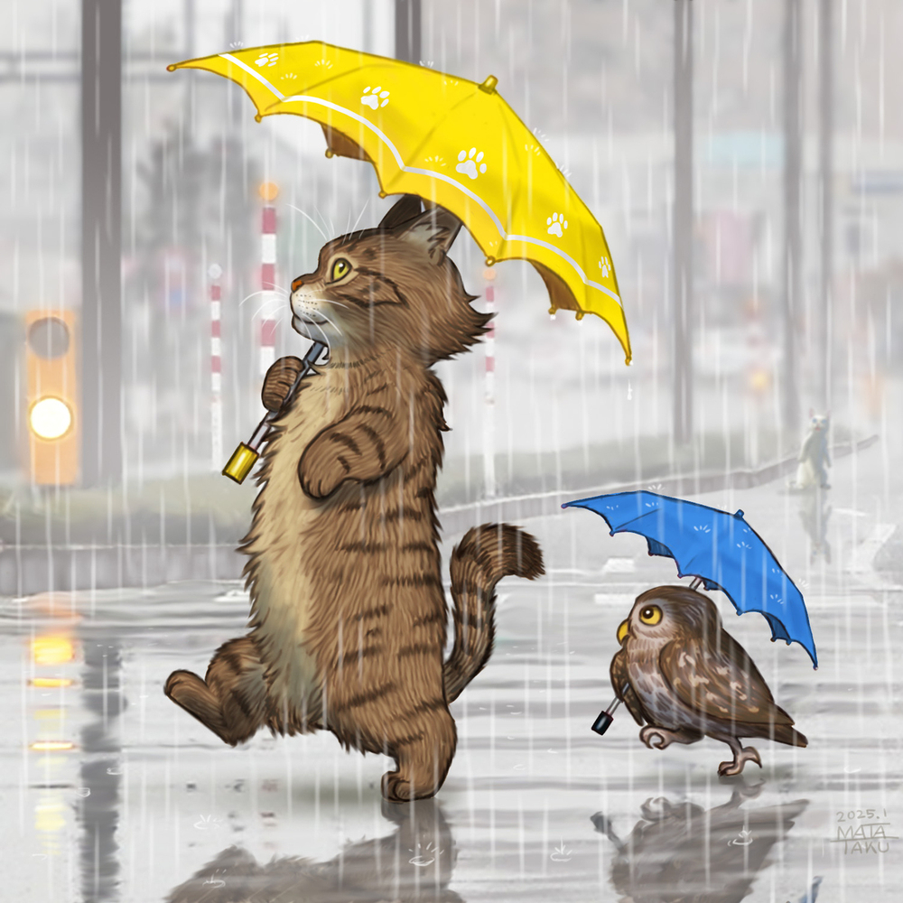 猫フク　雨の散歩