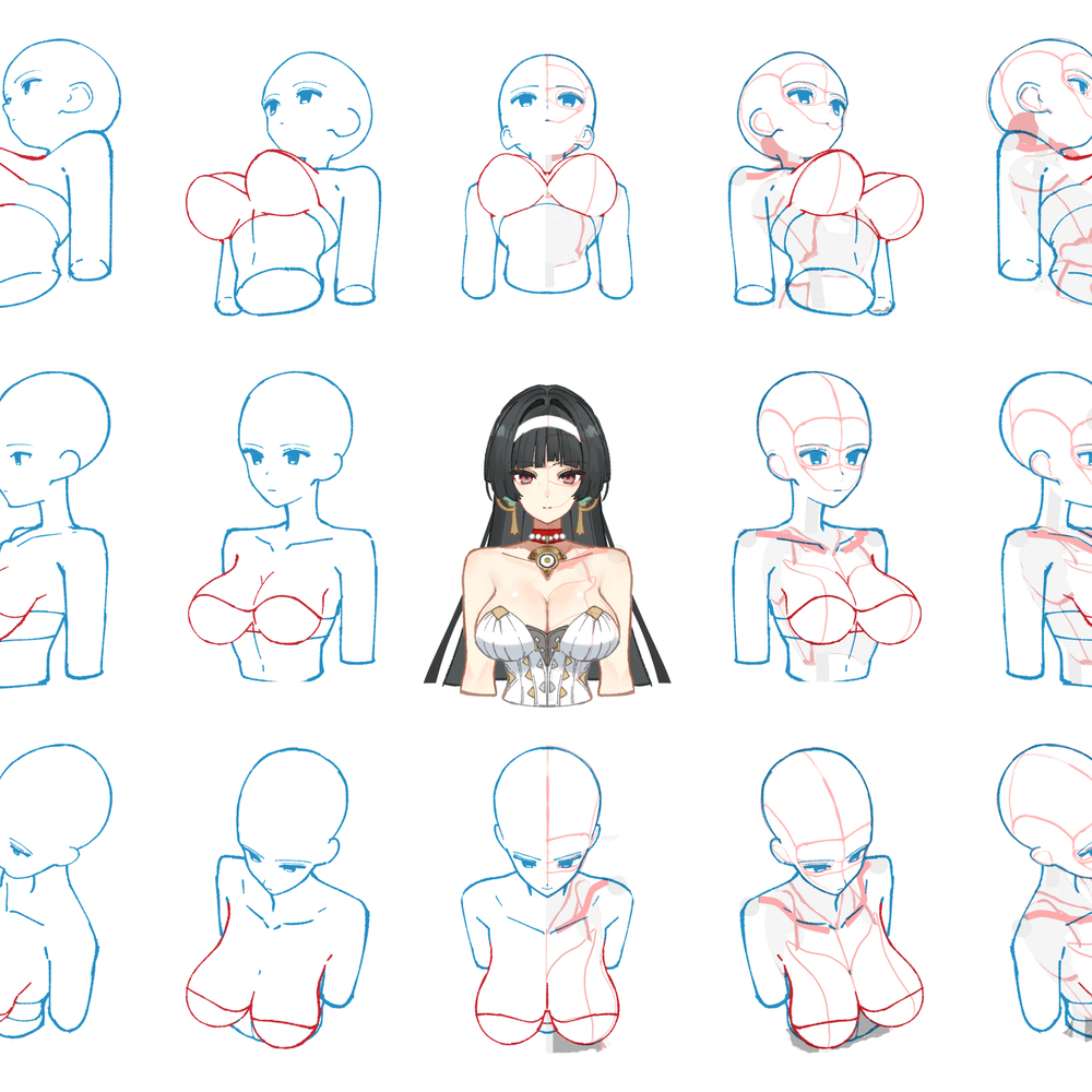 *（大大）＋上半身 角度別描き分け表