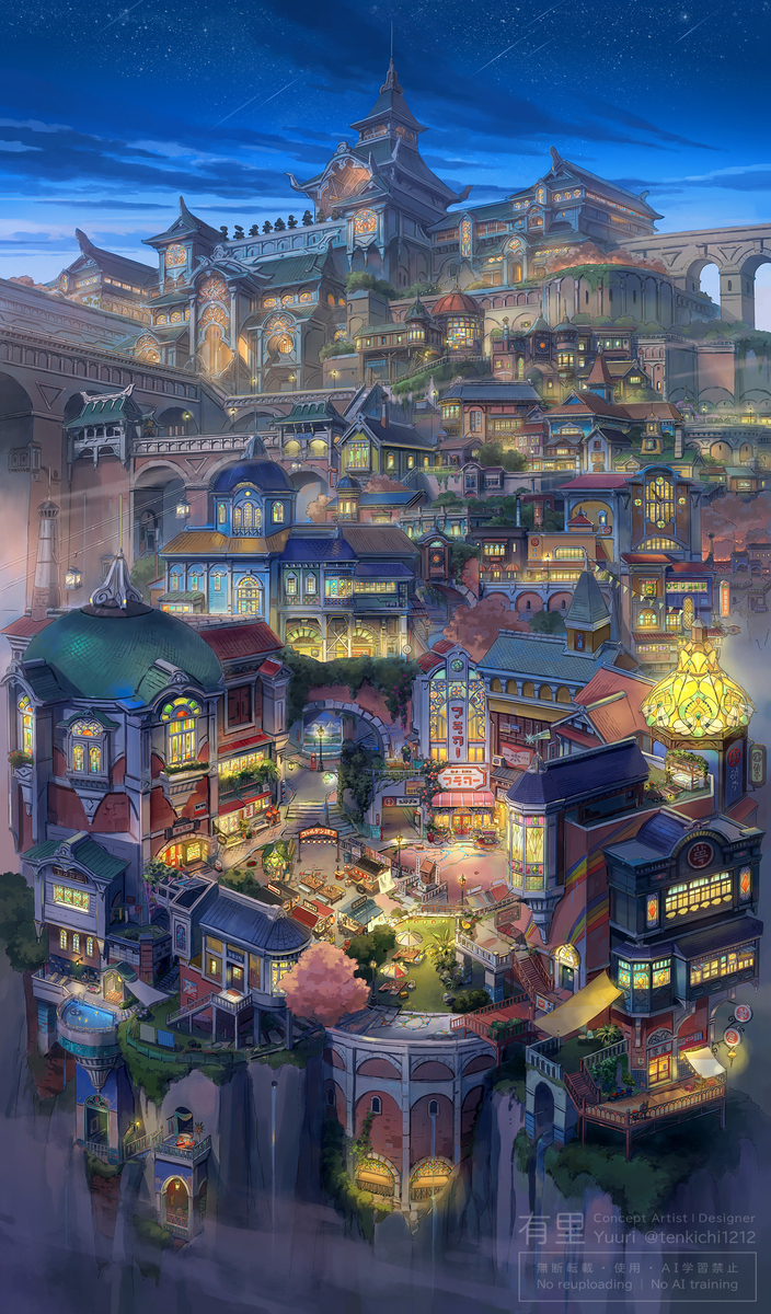 【デザイン】レトロな街の昼と夜の風景