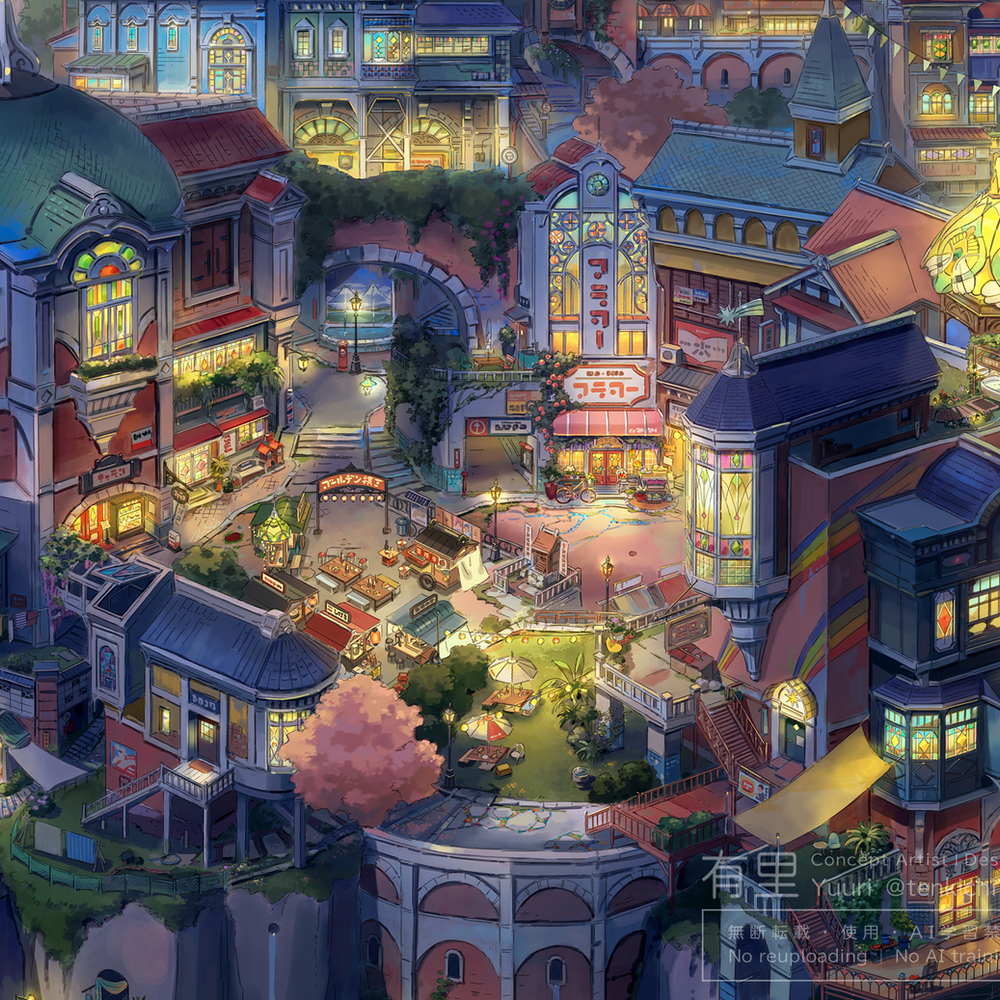 【デザイン】レトロな街の昼と夜の風景