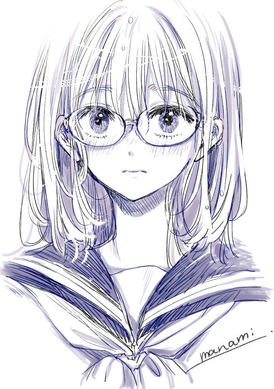 青っぽいらくがき4枚（眼鏡っこ多め）