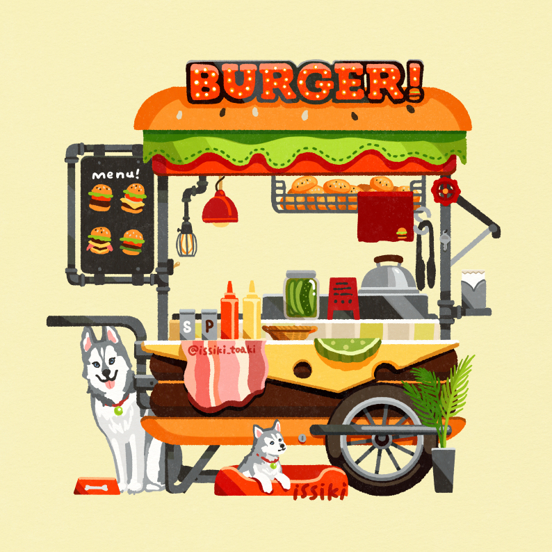 ハスキーとハンバーガーカート