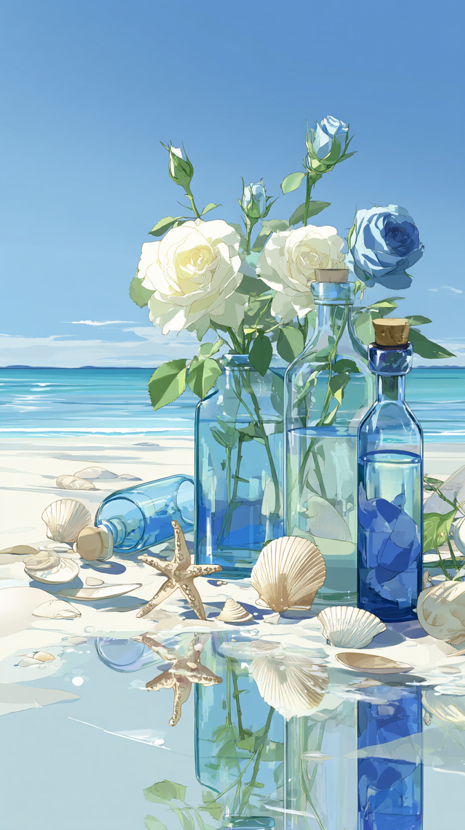 海辺の花とボトル