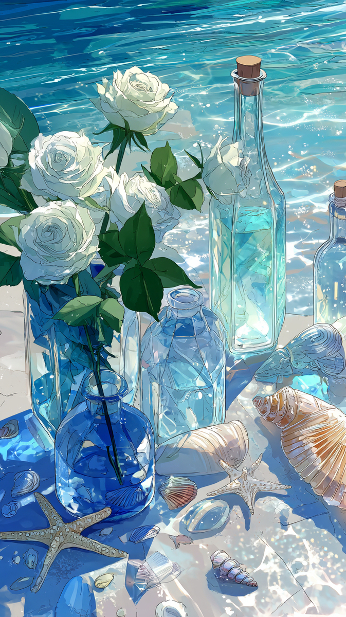 海辺の花とボトル