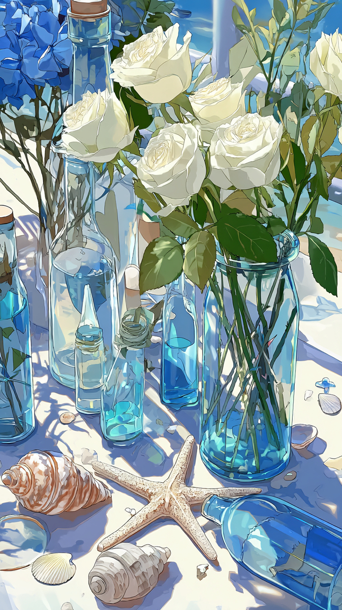 海辺の花とボトル