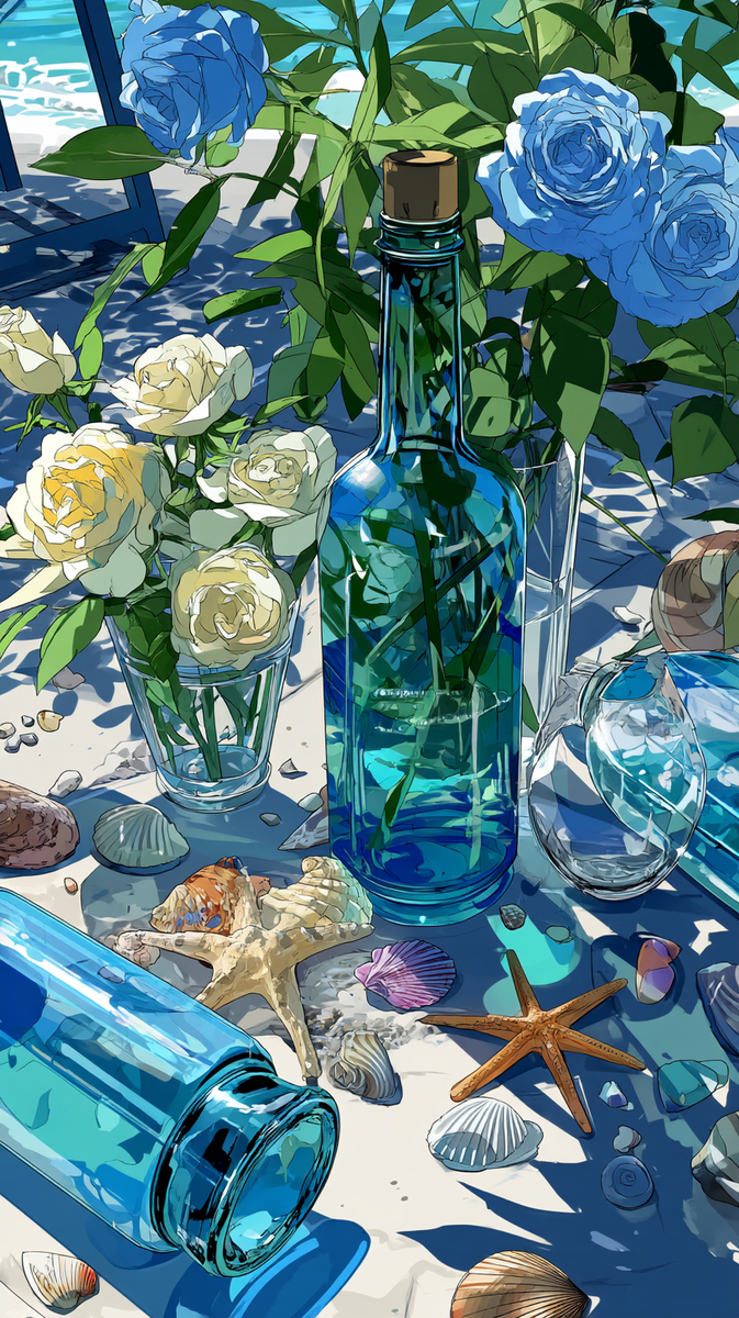 海辺の花とボトル