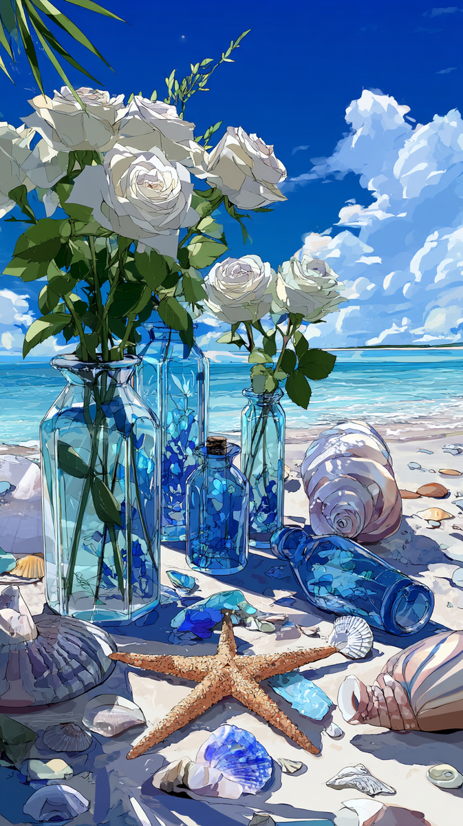 海辺の花とボトル