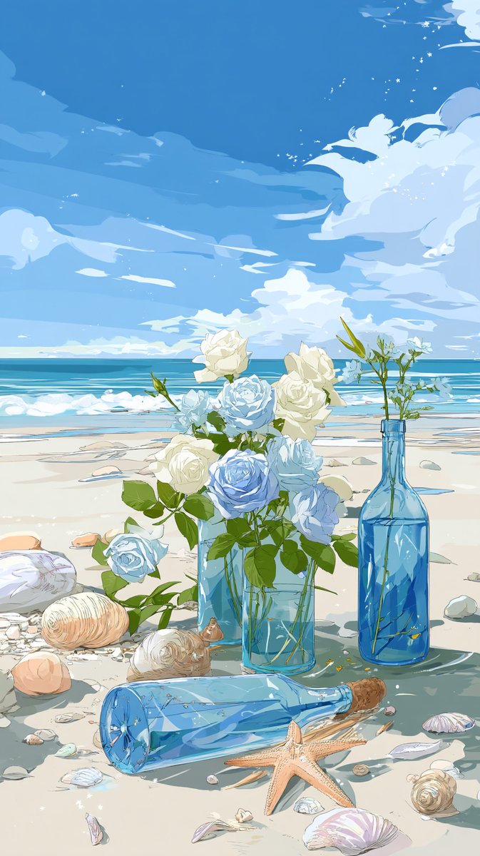 海辺の花とボトル