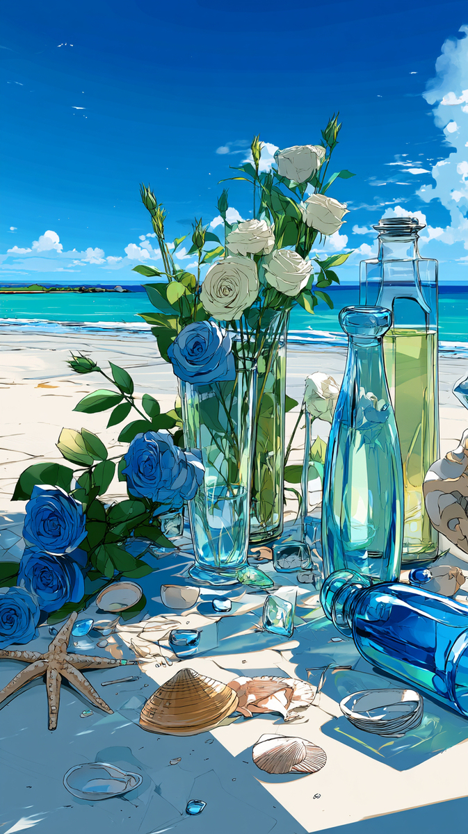 海辺の花とボトル