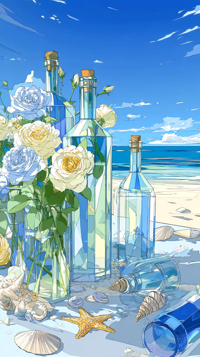 海辺の花とボトル