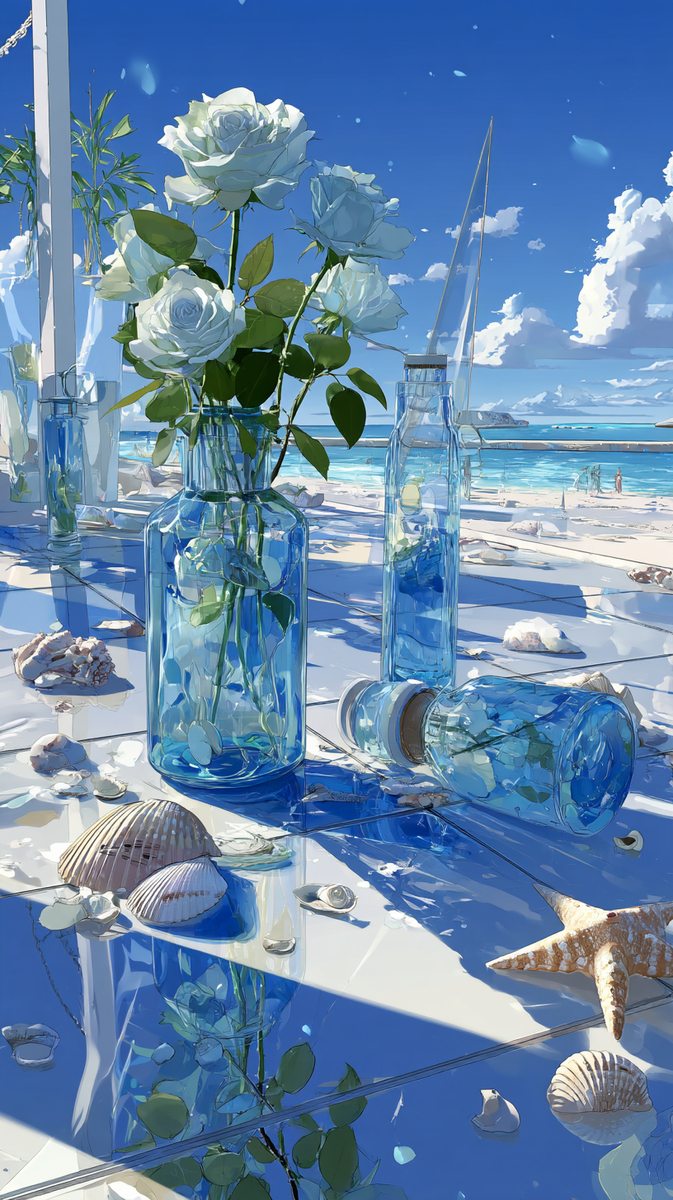 海辺の花とボトル