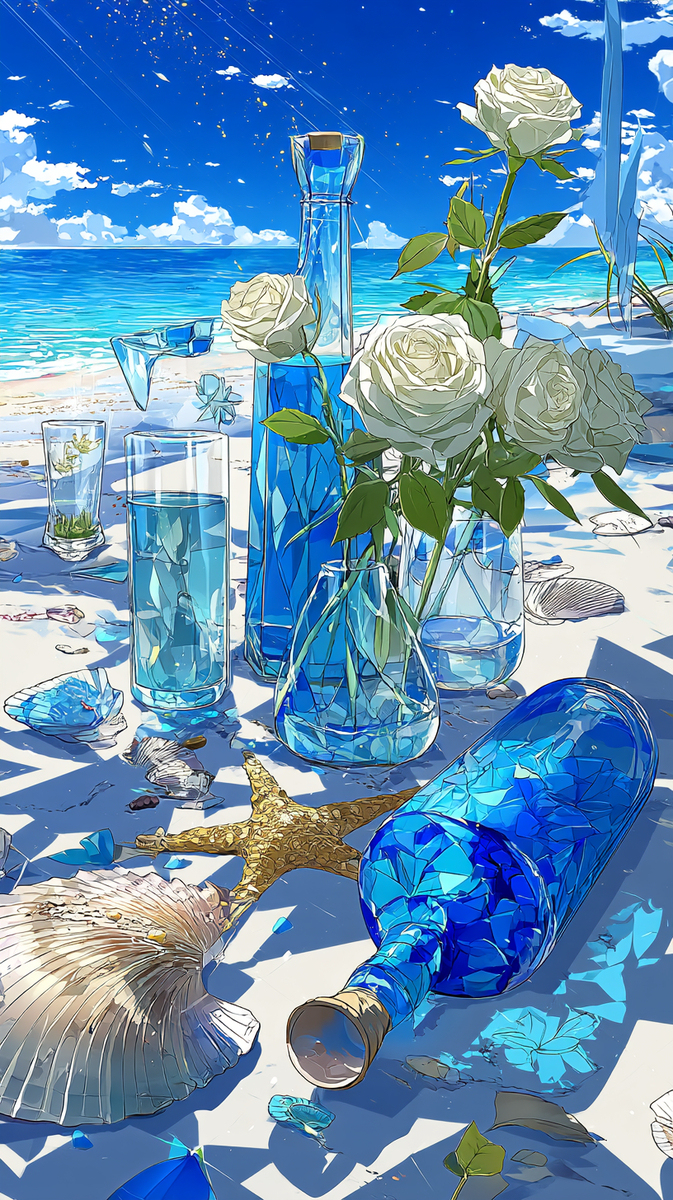 海辺の花とボトル