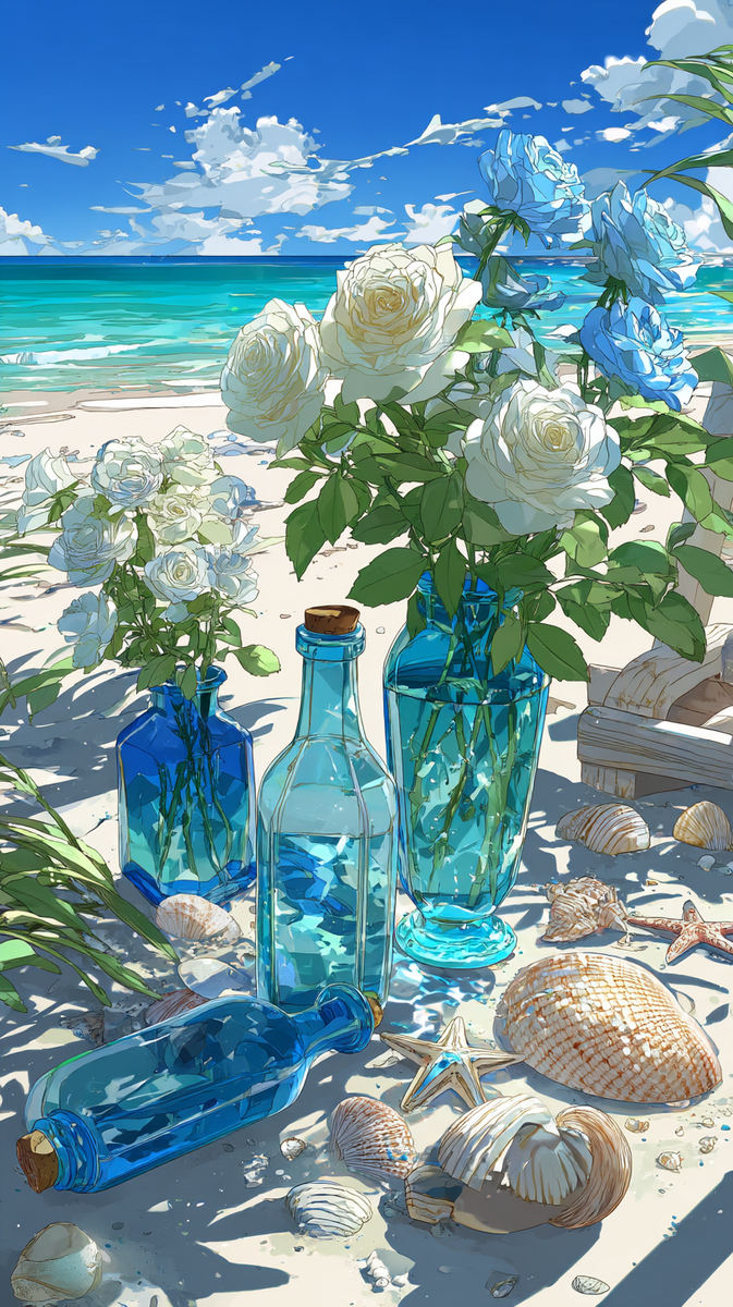 海辺の花とボトル