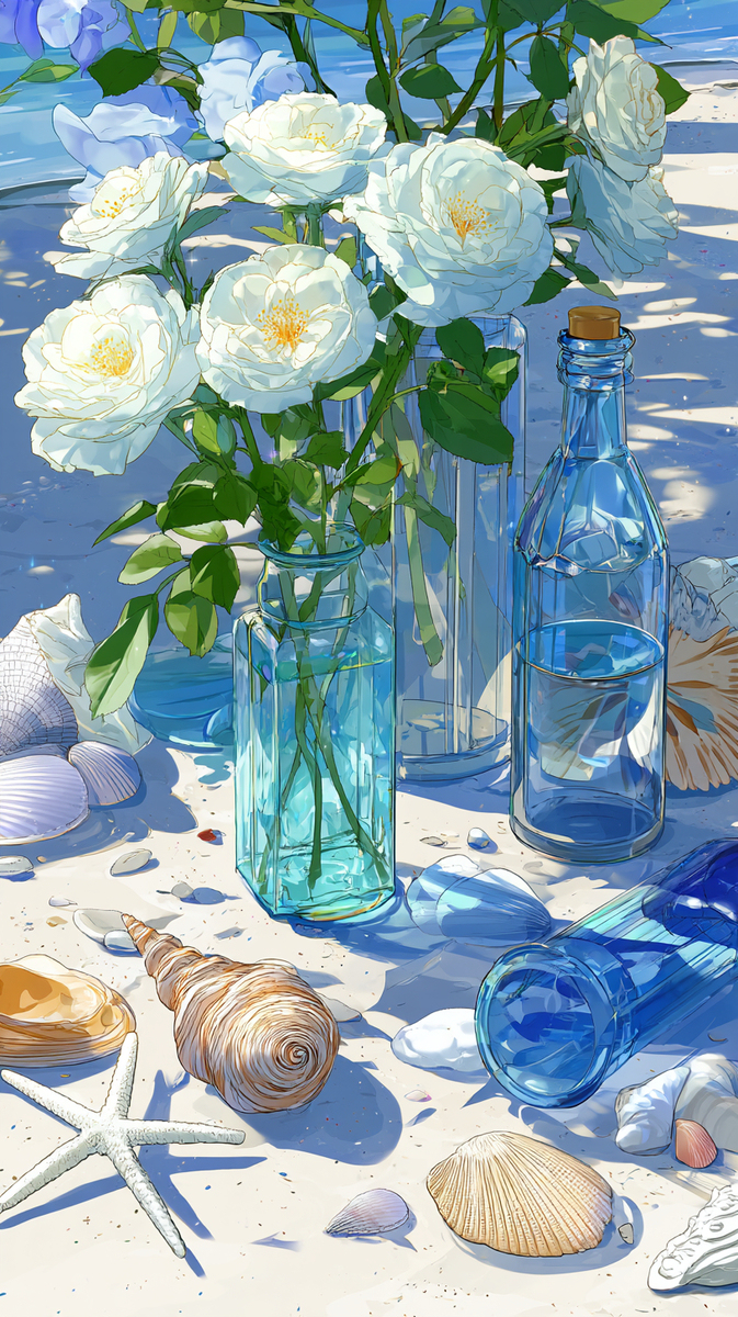 海辺の花とボトル