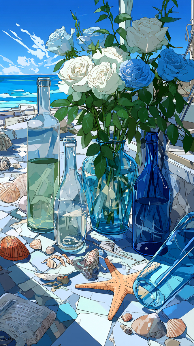 海辺の花とボトル