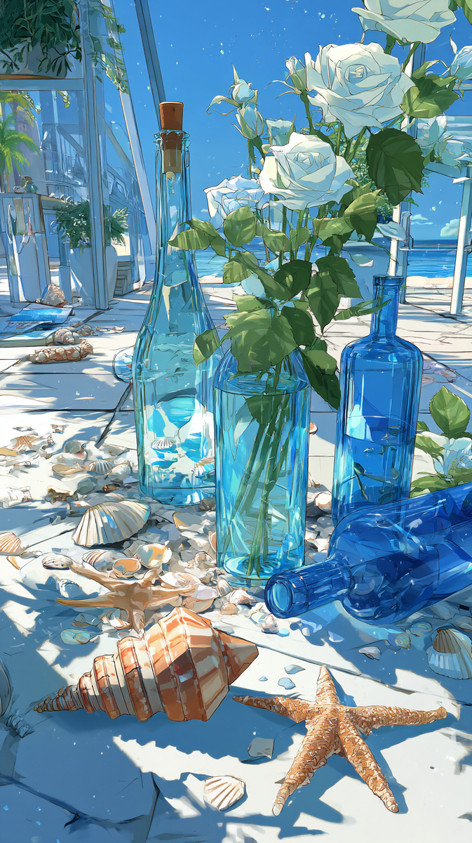 海辺の花とボトル