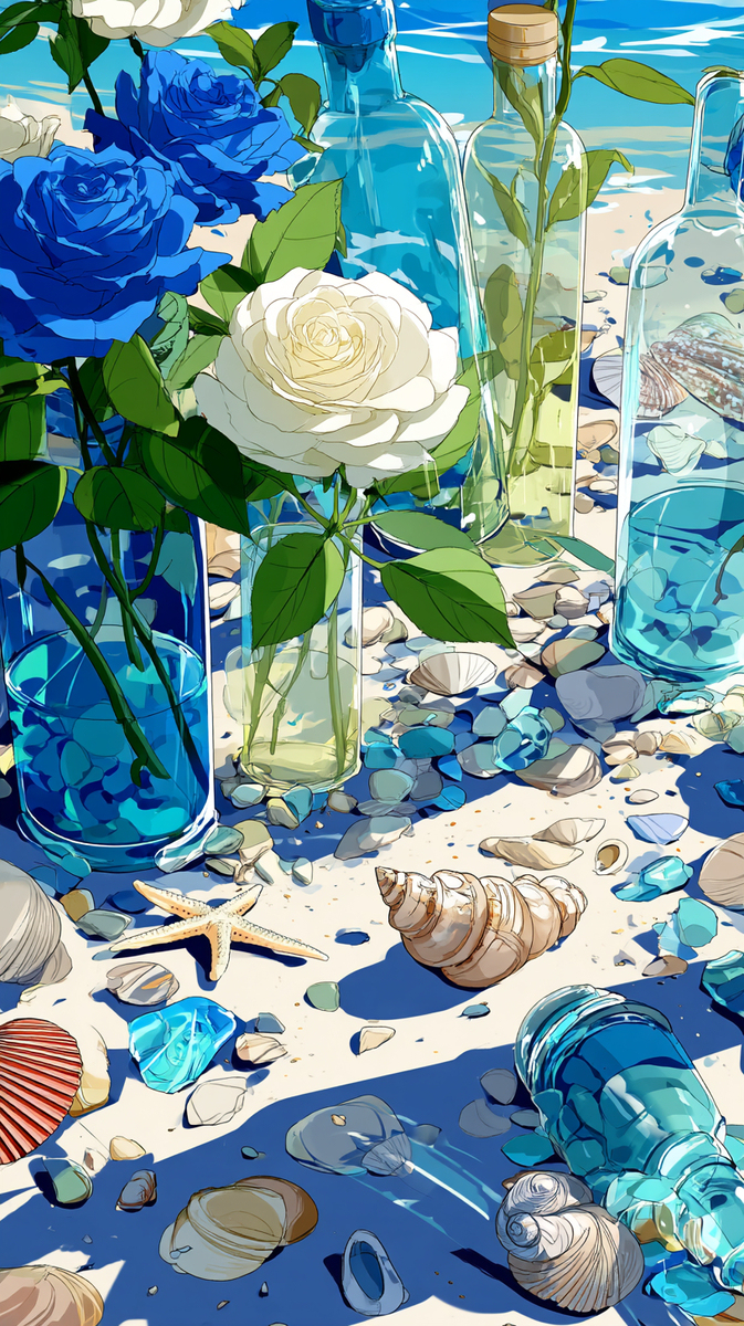 海辺の花とボトル