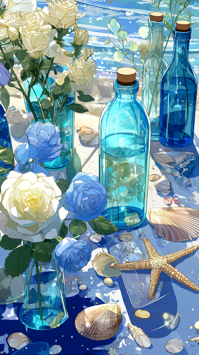 海辺の花とボトル