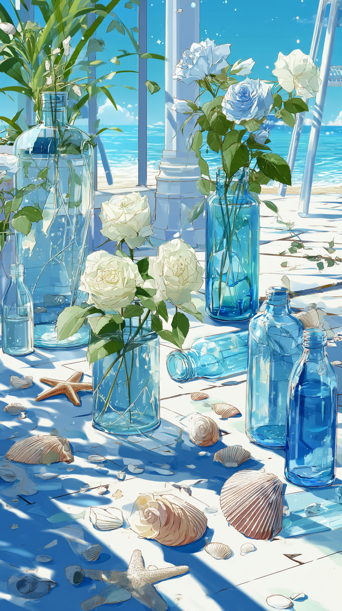 海辺の花とボトル
