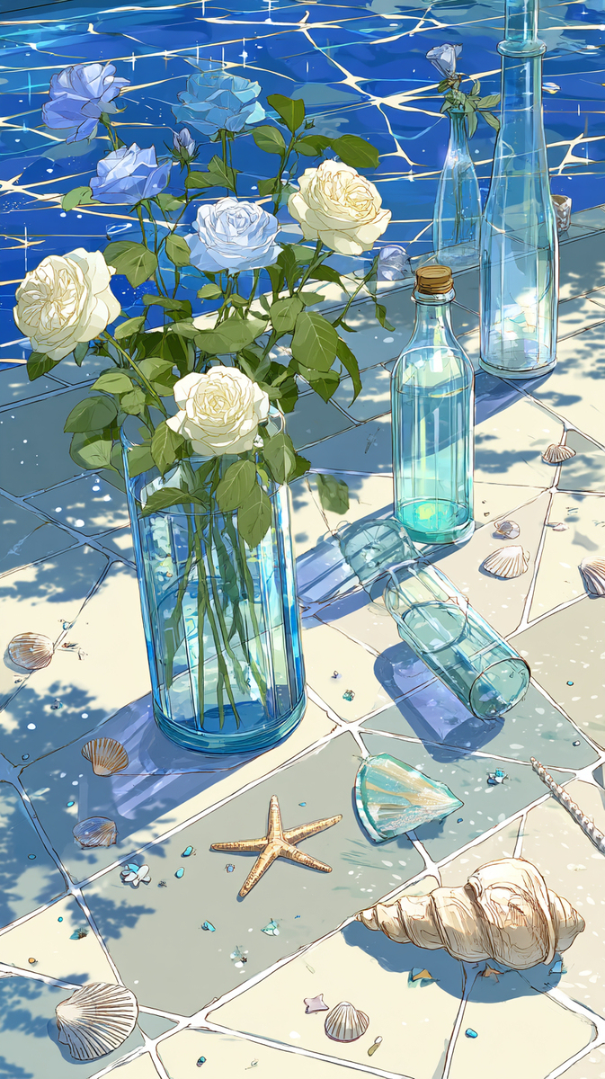 海辺の花とボトル