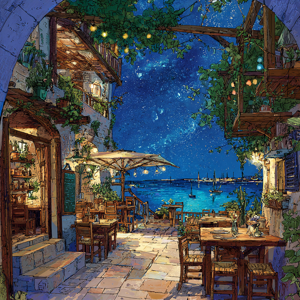 夜の海辺のカフェ