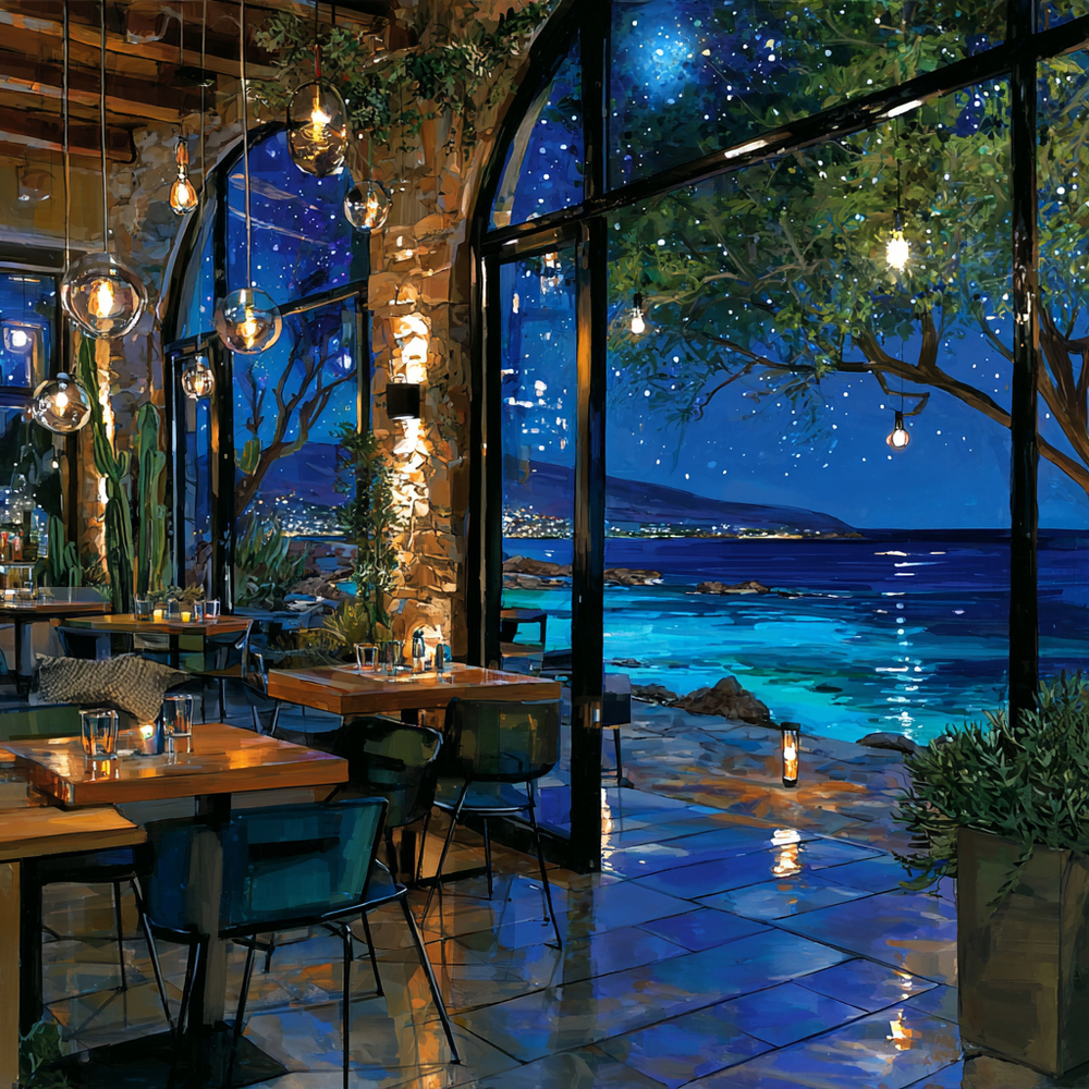 夜の海辺のカフェ
