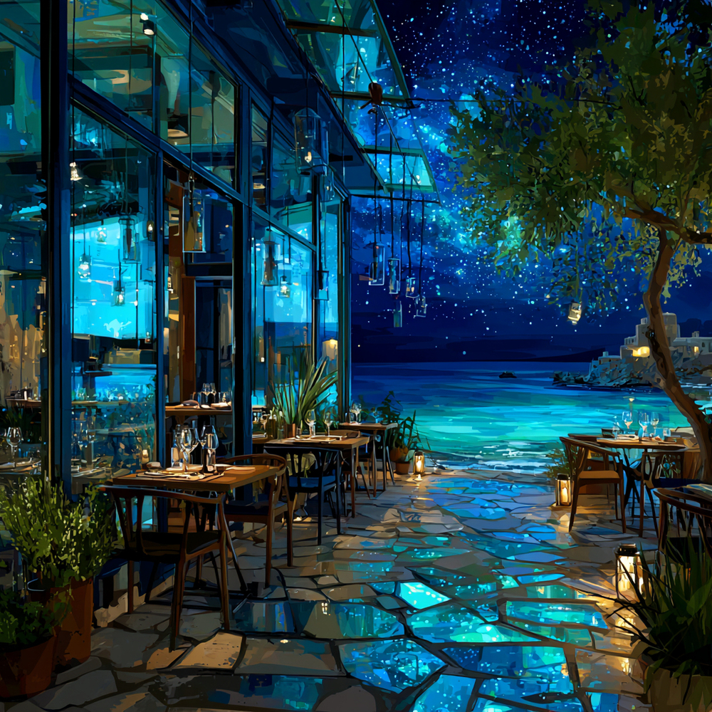 夜の海辺のカフェ