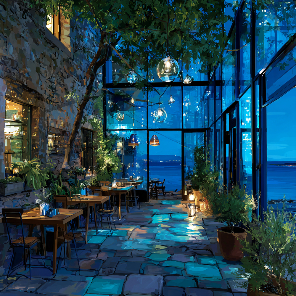 夜の海辺のカフェ