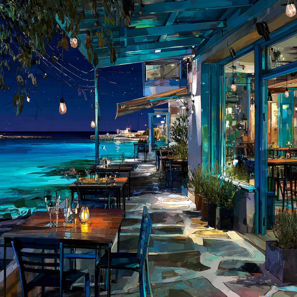 夜の海辺のカフェ