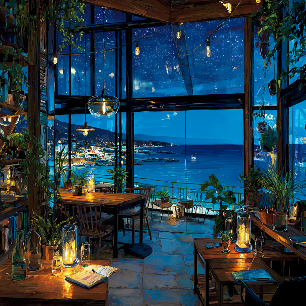 夜の海辺のカフェ