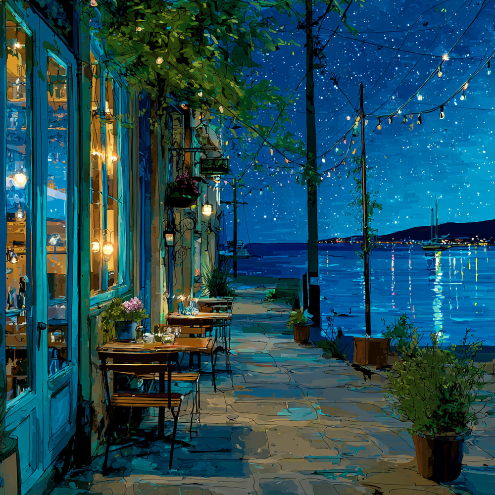 夜の海辺のカフェ