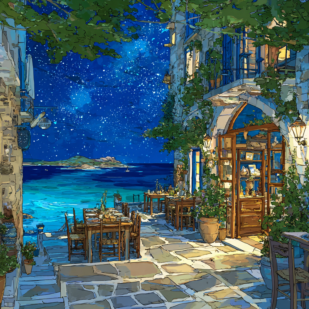 夜の海辺のカフェ