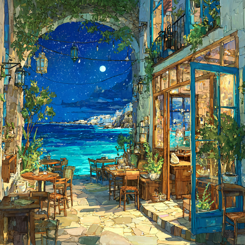 夜の海辺のカフェ