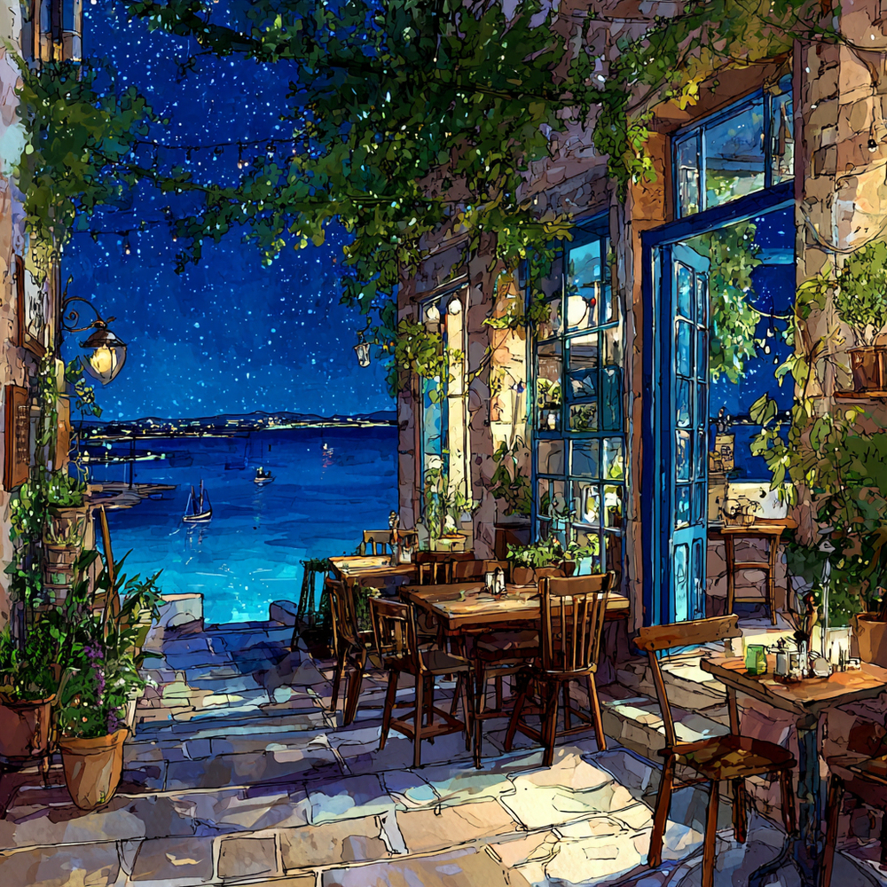 夜の海辺のカフェ