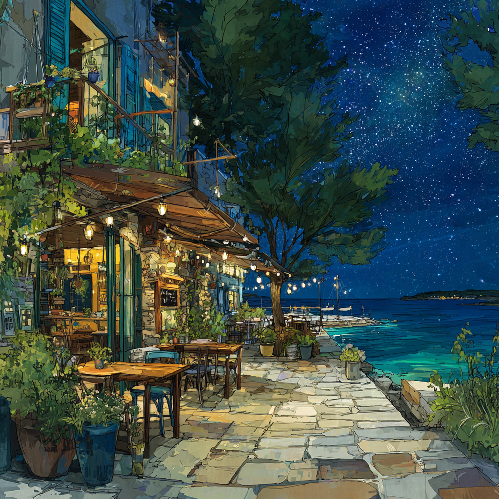 夜の海辺のカフェ