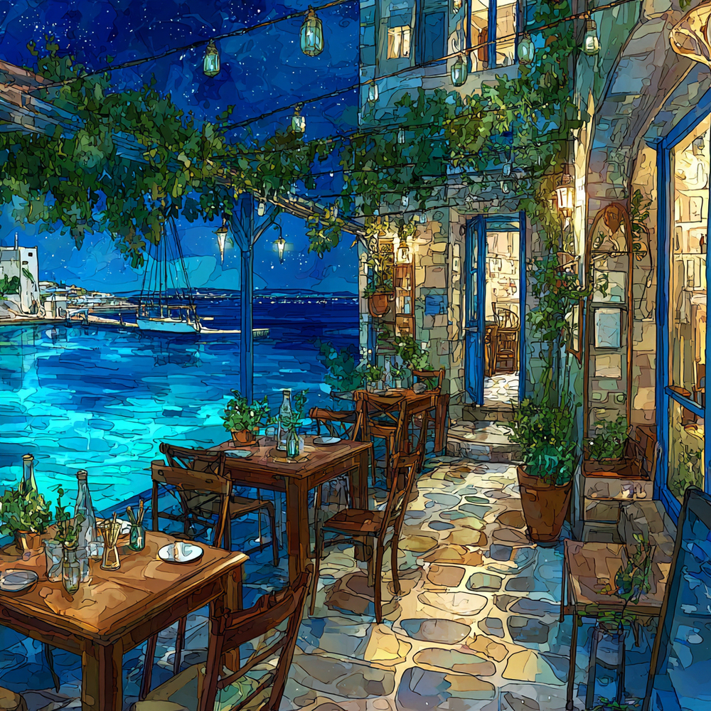 夜の海辺のカフェ