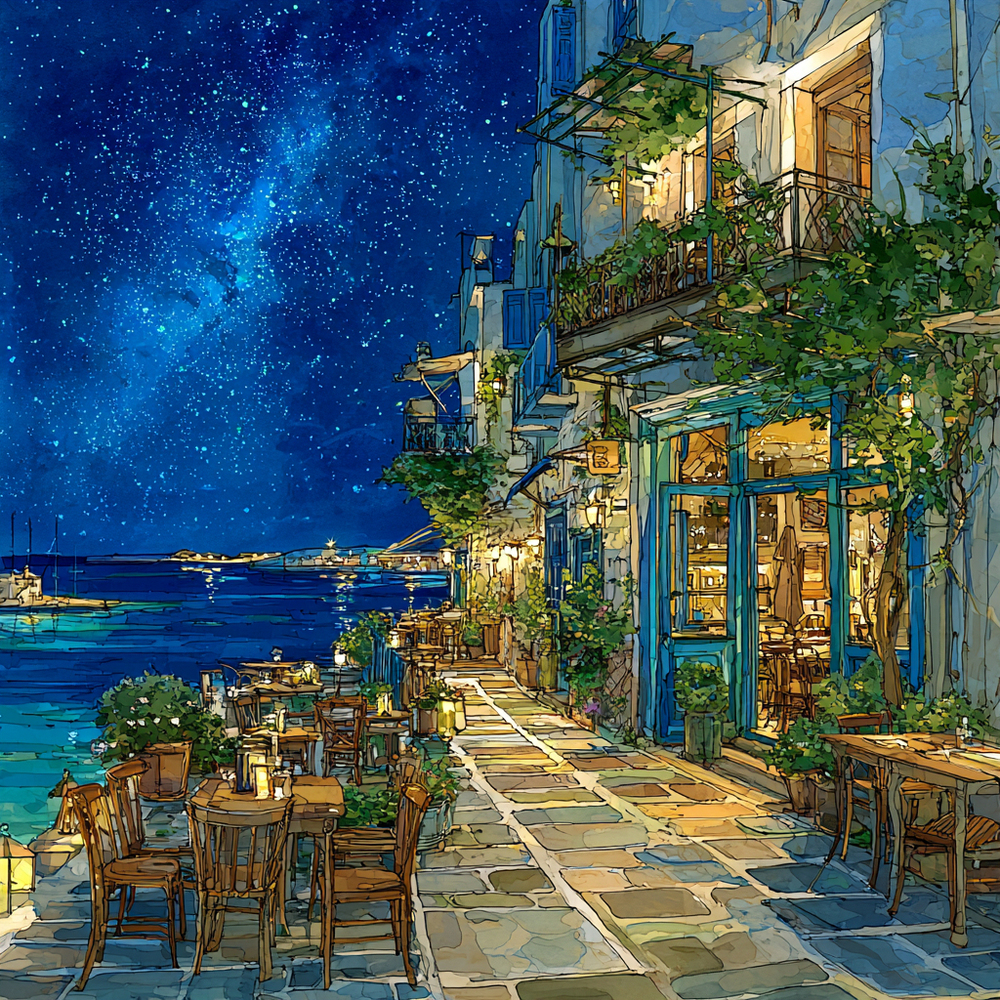 夜の海辺のカフェ