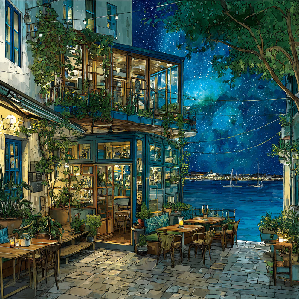 夜の海辺のカフェ